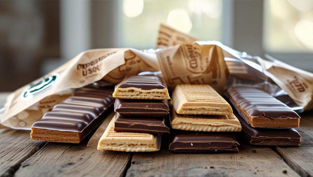 Assorted Tim Tam biscuits unwrapped from eco-friendly packaging on rustic wooden table.