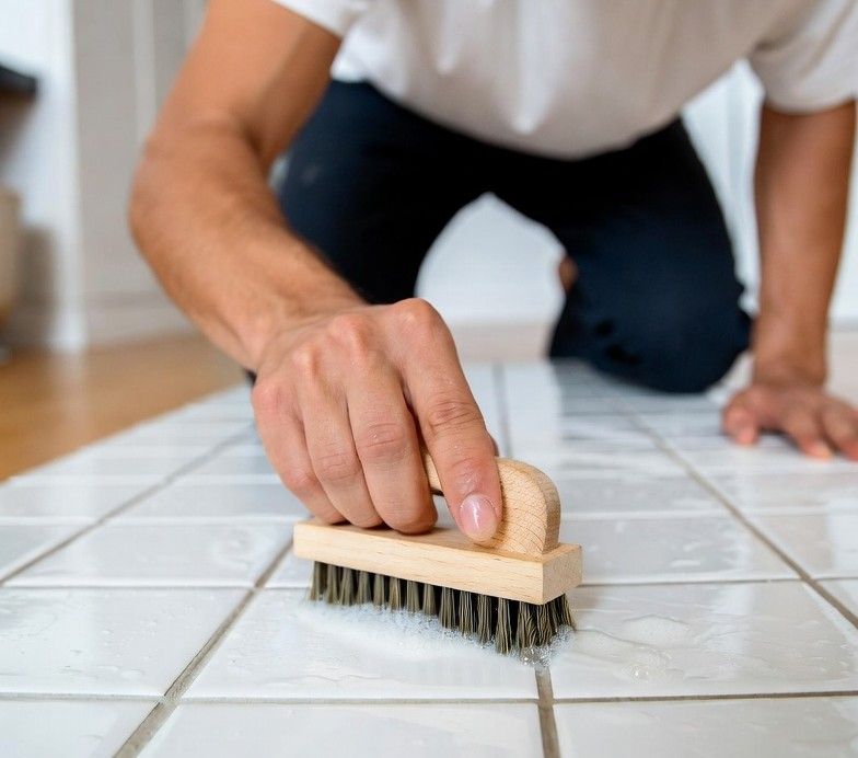person brushing tile grout