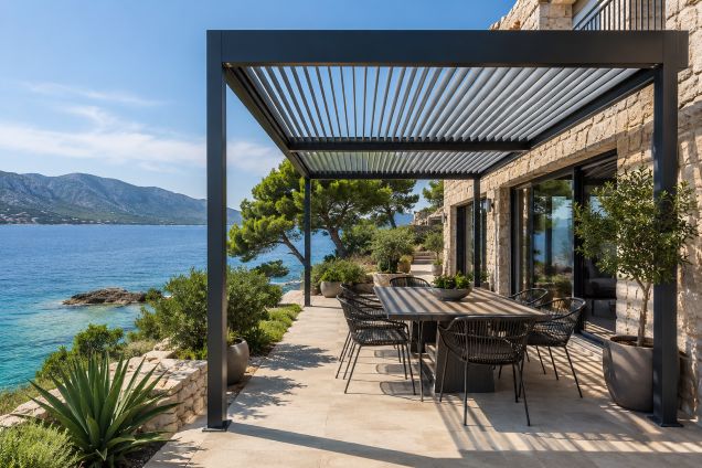 Mediterranean coastal home featuring a bioclimatic pergola